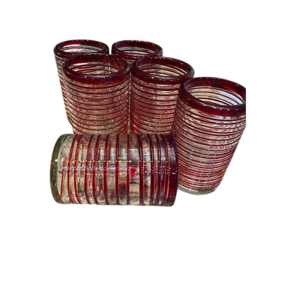 Red Spiral Design Drinking Glasses Set 6 Mexico Hand Blown 14oz - Picture 6 of 6